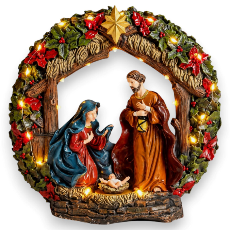 Natività con Ghirlanda - Luci, Suoni e Movimento - 32 Cm