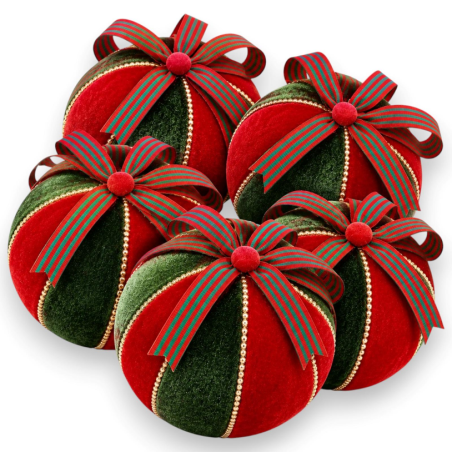 Box 5 Palline in Plastica e Velluto Rosso e Verde - 10 Cm