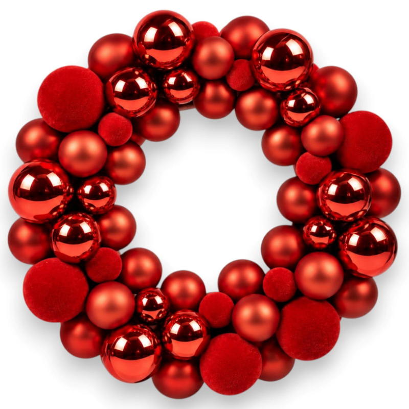 Corona con Palline Lucide e VELLUTO- 34 Cm - Rosso Velluto