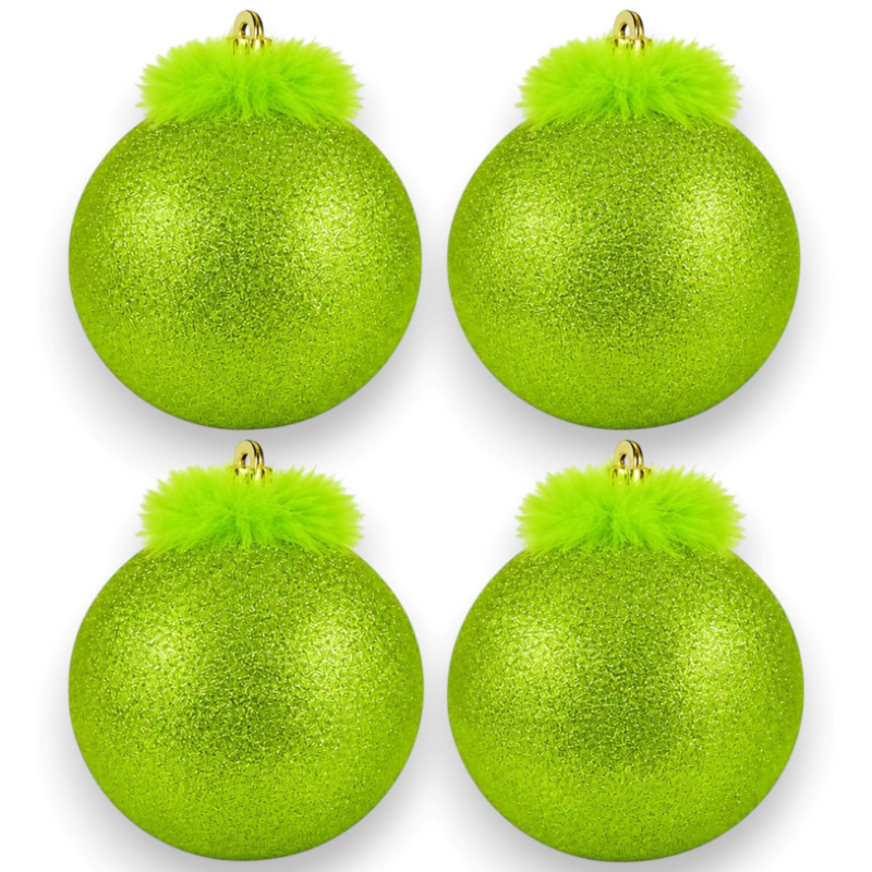 Box 4 Palline - Glitter - Verde Grinch - 10 Cm