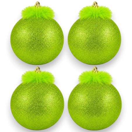 Box 4 Palline - Glitter - Verde Grinch - 10 Cm