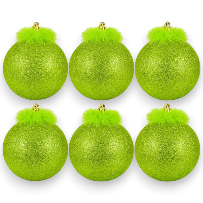 Box 6 Palline - Glitter - Verde Grinch - 8 Cm