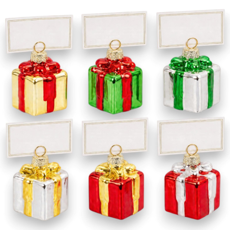 Set 6 Segnaposto in Vetro - Pacco Natalizio - 4x4x5 Cm