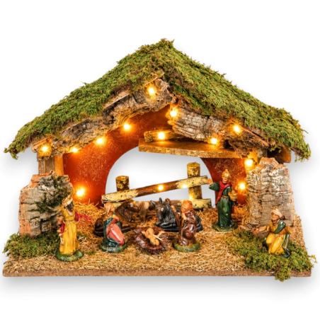 Capanna con 10 Luci e 8 Statuine da 10 cm - 43x28x32 Cm