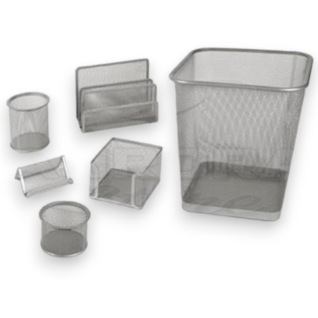 Set ufficio da 6 accessori in metallo traforato, silver, 17.6x8x13 cm