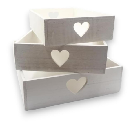 Set 3 Cassette in Legno Impilabili 6520, Maniglie a Cuore, misure 30x2