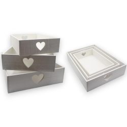 Set 3 Cassette in Legno Impilabili 6520, Maniglie a Cuore, misure 30x2