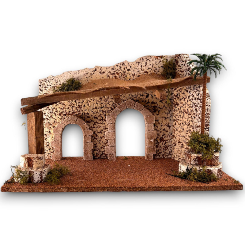 Scenario Presepe Muro con Archi, Parasole e Palma - 38x23x25 cm