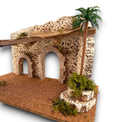 Scenario Presepe Muro con Archi, Parasole e Palma - 38x23x25 cm