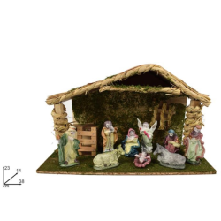 Capanna Legno e Raffia con Natività - 9 Pezzi - 38x14x23 cm